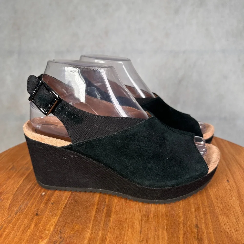 Vionic Trixie Wedge Sandals Womens 6.5 Black Good Suede Peep Toe 10010569